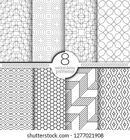 Set of seamless patterns. Modern elegant textures. Regularly repeating geometrical ornaments with thin lines, hexagons, zigzags, stars, rhombuses. Vector element of graphical design