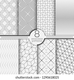 Set of seamless patterns. Modern elegant textures. Regularly repeating geometrical linear ornaments with thin lines, rhombuses, diamonds, grids, zigzags, hexagons. Vector element of graphical design