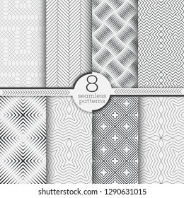 Set of seamless patterns. Modern elegant textures. Regularly repeating geometrical linear ornaments with thin lines, rhombuses, diamonds, grids, zigzags, hexagons. Vector element of graphical design
