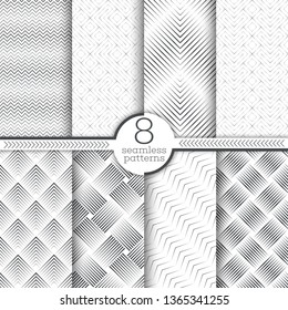 Set of seamless patterns. Modern elegant textures. Regularly repeating geometrical linear ornaments with thin lines, rhombuses, diamonds, grids, zigzags, corners. Vector element of graphical design