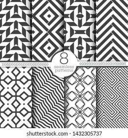 Set of seamless patterns. Modern elegant textures. Regularly repeating geometrical ornaments with zigzags, rectangles, rhombuses, curved strips. Vector element of graphical design