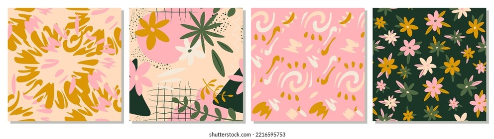 Set of seamless patterns in modern floral style and polka dots. Design Mid Century Modern Art for paper, cover, fabric, interior decor and other users. Vector illustration.