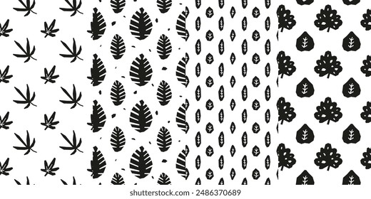 Set of seamless patterns with modern paper cut leaves.