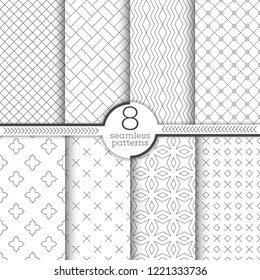 Set of seamless patterns. Modern simple linear textures. Regularly repeating geometrical ornaments with thin lines, grids, rhombuses, zigzags, crosses, stars. Vector element of graphical design