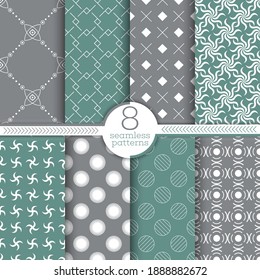 Set of seamless patterns. Modern simple textures. Regularly repeating geometrical ornaments with thin lines, grids, rhombuses, zigzags, crosses, stars, dots, arcs, circles, swirls. Vector