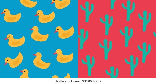 Set of seamless patterns in modern style. trendy design. Groovy. Vector stock illustration. isolated. Doodle. hand drawn. Background. Curl. cactus, duck, bird