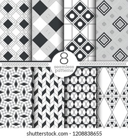 Set of seamless patterns. Modern stylish textures. Regularly repeating geometrical ornaments with thin lines, linear checkered shapes, rhombuses, diamonds, zigzags, hexagons, triangles.