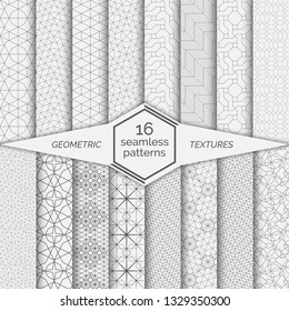 Set of seamless patterns. Modern stylish textures.  Abstract geometrical backgrounds. Original linear texture with repeating thin broken lines, polygons, difficult polygonal shapes, hexagons, zigzags