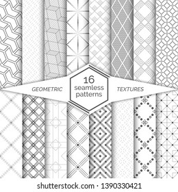 Set of seamless patterns. Modern stylish textures.  Regularly repeating geometrical ornaments with zigzags, hexagons, cubes, corners, dashed thin lines, dots, rhombuses, stars, circles, linear squares