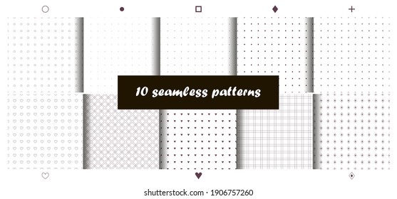 Set of seamless patterns. Monochrome. Texture from symbols. Dots, circles, squares, lines, grid, rhombus, heart, plus. Vector stock illustration. Geometry. Minimalism 