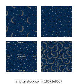 Set of seamless patterns with moon and stars for gift wrap, textile or book covers, wallpapers and scrapbook. I love you to the moon and back slogan. Vector.
