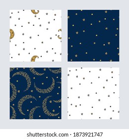 Set of seamless patterns with moon and stars for gift wrap, textile or book covers, wallpapers and scrapbook. Starry sky white and dark blue backgrounds. Vector.