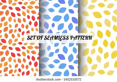
Set of seamless patterns. Mosaic of pastel shades. Autumn pattern. Blue, beige, yellow, red. Leaves. Vector illustration. 