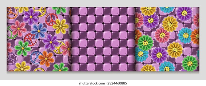 Set of seamless patterns with mosaic tiles, peace sign, colorful chamomile emoji flowers. Groovy, hippie, naive style. Good for apparel, fabric, textile, surface design.