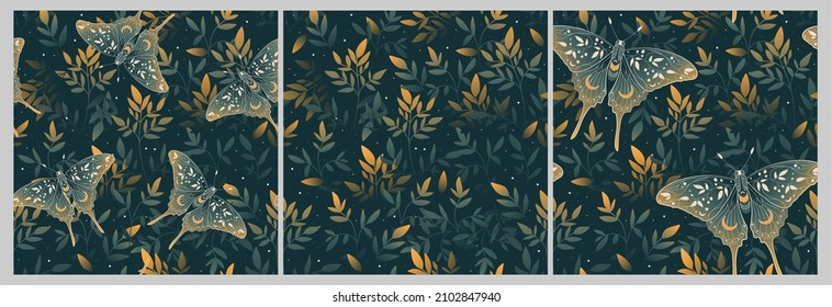 Set of seamless patterns with moths and herbs. Vector graphics. Contemporary composition. Trendy texture for print, textile, packaging.