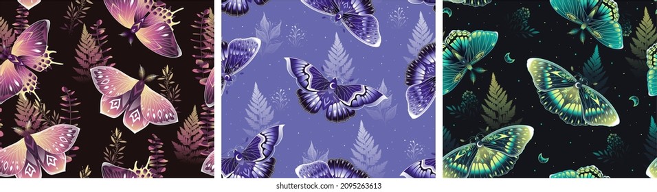 Set of seamless patterns with moths. Vector graphics. Contemporary composition. Trendy texture for print, textile, packaging.