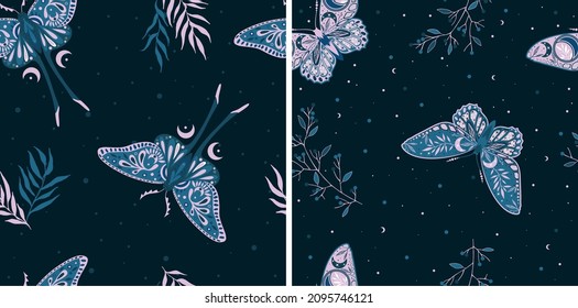 Set of seamless patterns with moths. Vector graphics. Contemporary composition. Trendy texture for print, textile, packaging.