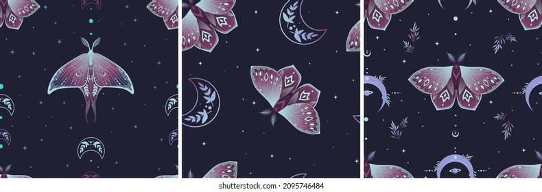 Set of seamless patterns with moths. Vector graphics. Contemporary composition. Trendy texture for print, textile, packaging.