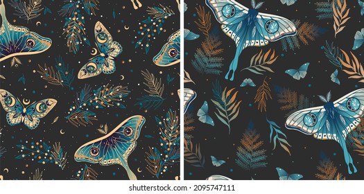 Set of seamless patterns with moths. Vector graphics. Contemporary composition. Trendy texture for print, textile, packaging.