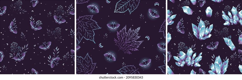 Set of seamless patterns with moths. Vector graphics. Contemporary composition. Trendy texture for print, textile, packaging.