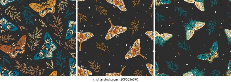 Set of seamless patterns with moths. Vector graphics. Contemporary composition. Trendy texture for print, textile, packaging.