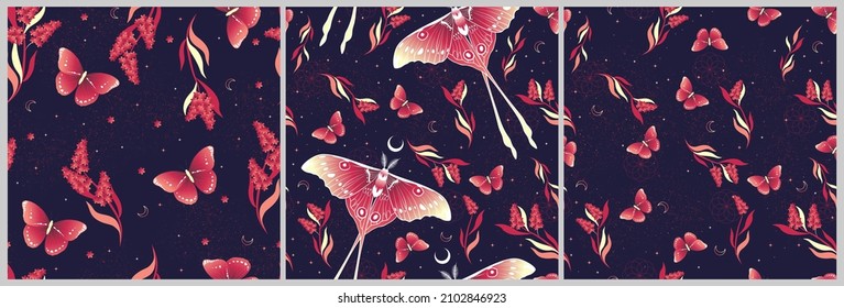 Set of seamless patterns with moths. Vector graphics. Contemporary composition. Trendy texture for print, textile, packaging.