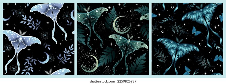 Set of seamless patterns with moths. Vector graphics. Contemporary composition. Trendy texture for print, textile, packaging.