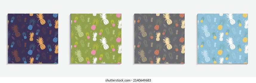 set of seamless patterns multicolored pineapple