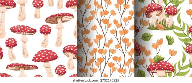 Set Of Seamless Patterns With Mushrooms And Autumn Leaves In Flat Style. Seasonal Fly Agaric Texture For Paper, Packaging, Wallpaper, Textile And Design. Forest Background Concept