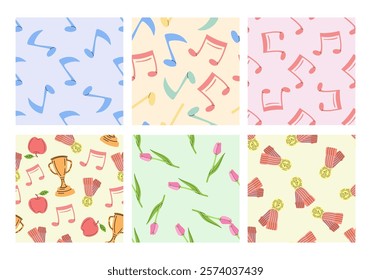 Set of seamless patterns with music notes, tulips and medals in flat style

