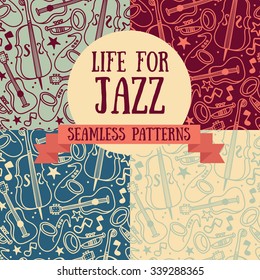 set of seamless patterns with musical instruments, vector illustration