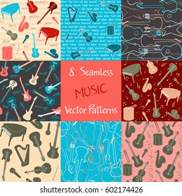 Set of seamless patterns with musical instruments, silhouettes and text