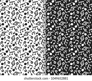 Set of seamless patterns with musical notes and treble clefs in black and white