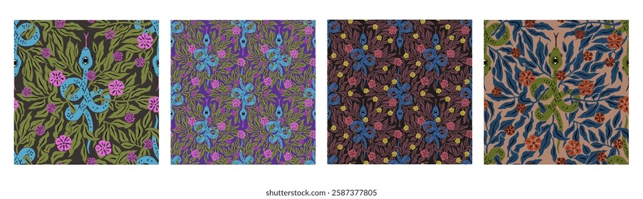 Set of seamless patterns with mystic floral snakes. repeat backgrounds bundle with spiritual magical serpents in flowers and leaves. Chinese New Year 2025 symbol