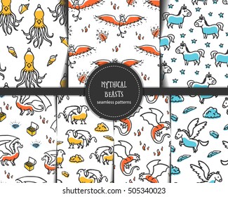 Set Of Seamless Patterns With Mythical Beasts. Cute Childish Illustrations. Backgounds With Cartoon Grifin, Dragon, Phoenix, Unicorn, Pegasus, Kraken And Basilisk