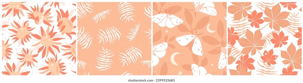 A set of seamless patterns with natural abstract plant prints. Butterflies, flowers on a background of exotic leaves. Vector graphics.