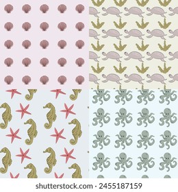 Set of seamless patterns in nautical style. Underwater creatures, starfish, seahorses, turtles, fish, octopuses. For printing, packaging, textiles, wallpaper. children's design