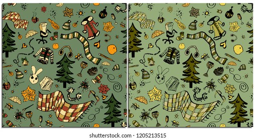 Set of seamless patterns with New Year's objects in green tones. Drawn with a pen Christmas tree, glasses, knitted garments, outerwear, office and festive attributes of the new year and Christmas.