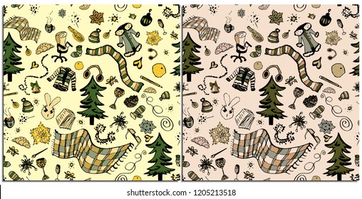 Set of seamless patterns with New Year's objects in green and beige. Drawn with a pen Christmas tree, glasses, knitted garments, outerwear, office and festive attributes of the new year and Christmas.