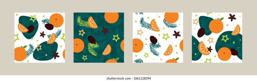 A set of seamless patterns "new year's yummy". Collection of pattern templates. Tangerines, pine cones, cinnamon, fir branches, stars.