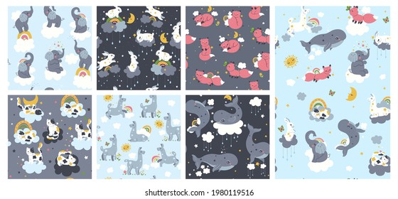 Set of seamless patterns for nursery with cute animals. Vector graphics.