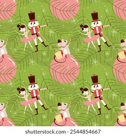 A set of seamless patterns with a nutcracker, a mouse king and a ballerina. Christmas patterns with a horse and snowflakes.