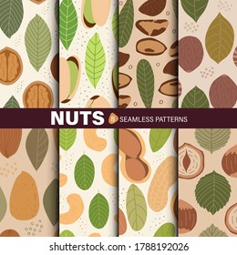 Set of seamless patterns with nuts: peanuts, walnuts, cashews, walnuts, hazelnuts, pistachio, almonds. Hand-drawn illustration.