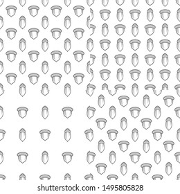 Set of seamless patterns with oak acorns. Black and white vector backgrounds on a white background.
