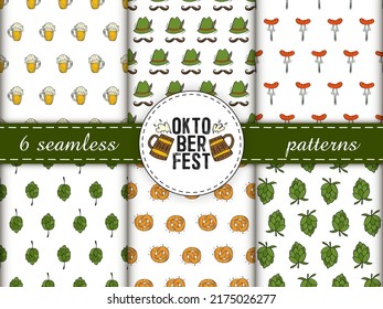 Set of seamless patterns. Oktoberfest 2022 - Beer Festival. Hand-drawn Doodle elements. German Traditional holiday. Color patterns with a round logo, beer mugs and text.