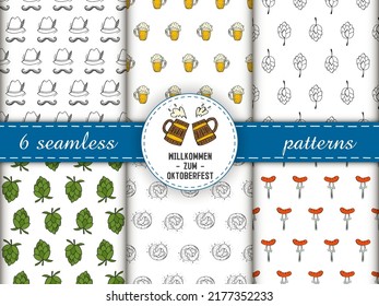 Set seamless patterns. Oktoberfest 2022 - Beer Festival. Hand-drawn Doodle elements. Color and stroke patterns with round logo, beer mugs and text. The inscription in German - welcome to Oktoberfest.