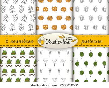 Set of seamless patterns. Oktoberfest 2022 - Beer Festival. Hand-drawn Doodle elements. German Traditional holiday. Color and stroke patterns with lettering, beer mug and wheat ears.