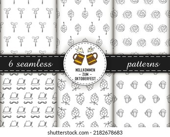 Set of seamless patterns. Oktoberfest 2022 - Beer Festival. Hand-drawn Doodle elements. Outline patterns with a round logo, beer mugs and text. The inscription in German - welcome to Oktoberfest.