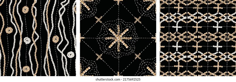 Set of seamless patterns in the old folk style. Golden embroidered ornament on a black background. Beads. Hand-drawn vector illustration for printing, fabric, textile, manufacturing, wallpapers.