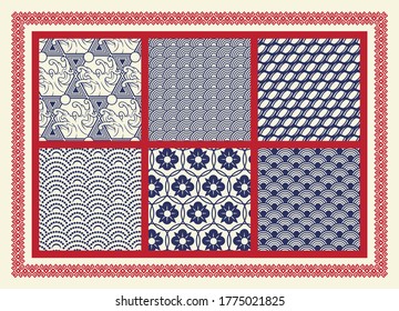 Set of seamless patterns on the Asian theme. Perfect for fabric print, decoration, poster, packaging, and many other uses. The frame around the pattern is in a separate group.